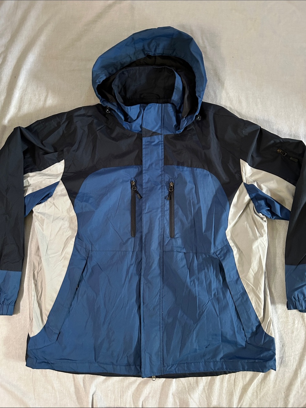 Aspen Blue Black & Grey Hooded Ski Jacket w Multiple Zip Pockets & Zip Off Hood